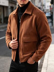 Manfinity Homme 男士成熟休閒純色棕色羊毛短夾克，節日禮物首選 - 棕色 - 查看 6