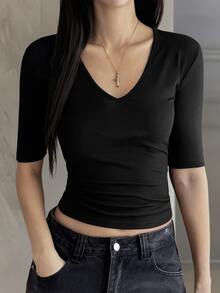 DAZY Women's V-Neck Half Sleeve Base Layer T-Shirt - Black - View 2