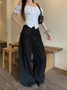 Dazy Kids 青少年女孩字母貼布條紋寬腿寬鬆休閒牛仔褲 - 深色水洗藍 - 查看 4