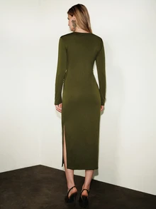 Aveloria Modichic European And American Fashion Versatile Elastic Waist Metal Decor Round Neck Long Sleeve Long Dress - Green - View 2