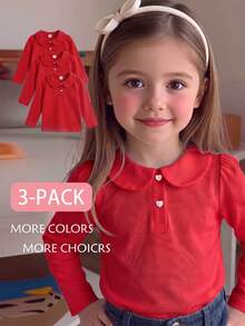 Elladie kids 女童白色3件組長袖 Polo 衫，彼得領搭配精緻愛心鈕扣，基本純色修身長袖 T 恤，適合返校季 - 紅色 - 查看 1