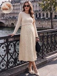 SHEIN 孕婦綠色長袖圓領休閒百搭洋裝，秋季女裝穿搭 - 杏色 - 查看 6