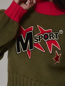 Musera Sport High Neck Contrast Colour Embroidered Logo Balloon Sleeve Cropped Knitted Jumper Active Fall Winter - Army Green - View 6