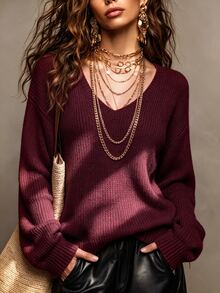 SHEIN New Spring Fall Korean Lazy Textured Knit V Neck Jumper Women Long Sleeve Loose Fit Short Length Casual - Burgundy - View 7