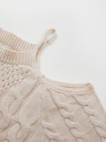 SHEIN Gaun Mini Rajut Kabel Bahu Terbuka Wanita, Sweater Bodycon Lengan Panjang Berlubang dengan Tali Spaghetti Dr - Krem - View 3