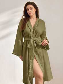 Ocili Leisure Pure Cotton Double Layer Crepe Fabric Minimalist Comfortable Frill Trim Long Robe Women's Loungewear Plus Size - Dark Green - View 2
