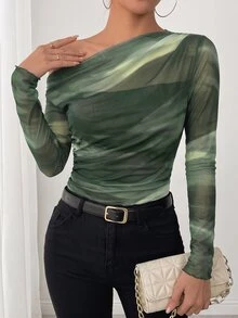 SHEIN LUNE 25-30+ 女款休閒秋季網紗紮染印花不對稱肩抽褶長袖優雅T恤 - 軍綠色 - 查看 3