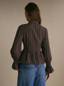 Poéselle Women's Striped Button-Front Long Sleeve Elegant Blouse - Brown - View 2