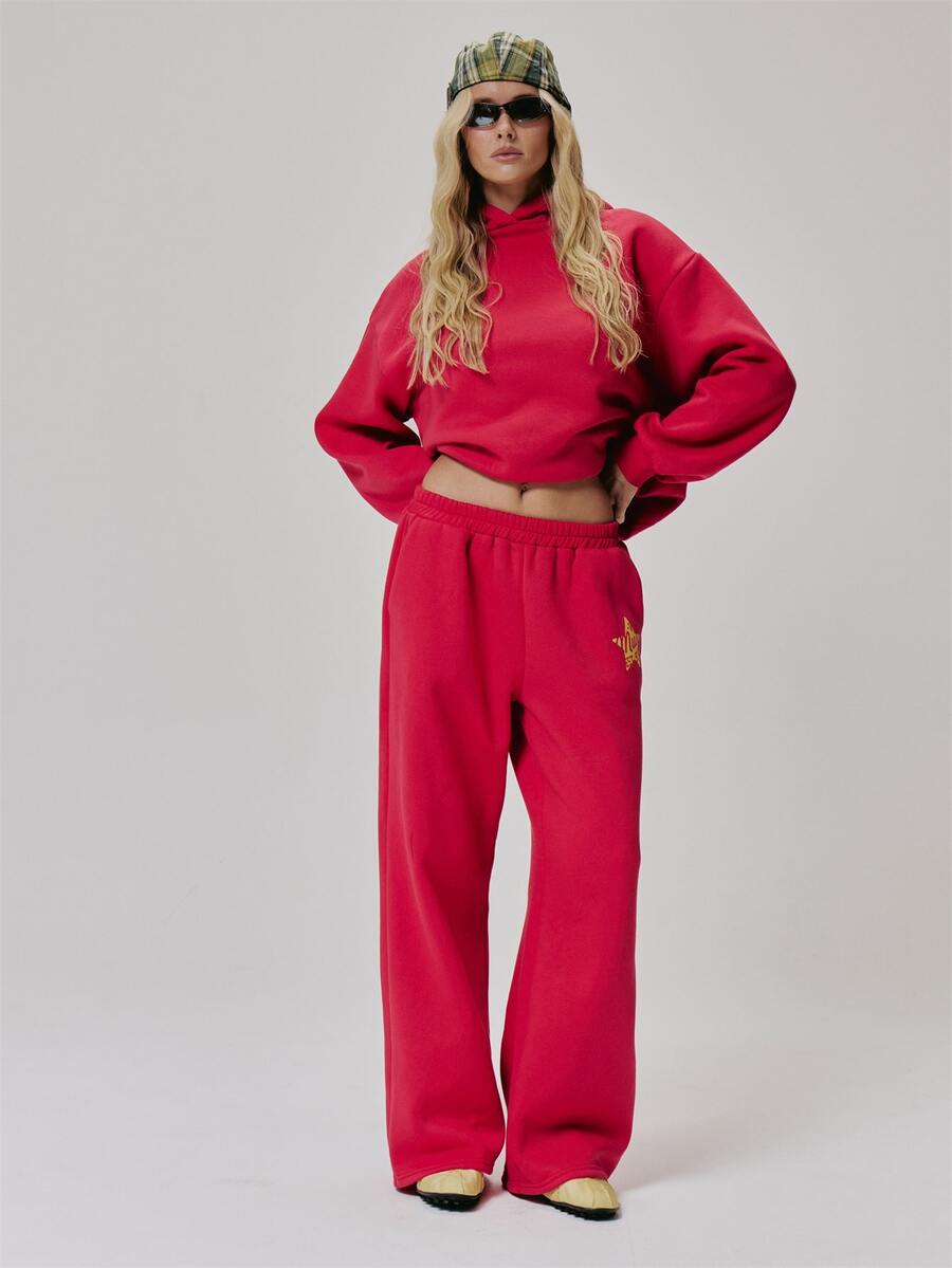 MUSERA Elasticated Waist Graphic Printed Loose Fit Cuffed Jogger Cute Daily Vintage Y2K Back To School Primary - Red - View 1