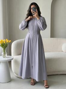 Al Najma Women's Round Neck Long Sleeve Zipper Placket Waist Faux Pearl Decor Arabian Dress - Purple - View 5