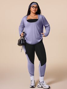 SHEIN Rhythm Era 大尺碼女款長袖連帽T恤與緊身褲對比色運動服套裝 冬季 - 彩色 - 查看 7