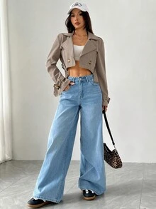 SHEIN EZwear 女款缺口領鈕扣前襟長袖短款風衣，適合秋冬日常休閒穿著 - 卡其色 - 查看 3