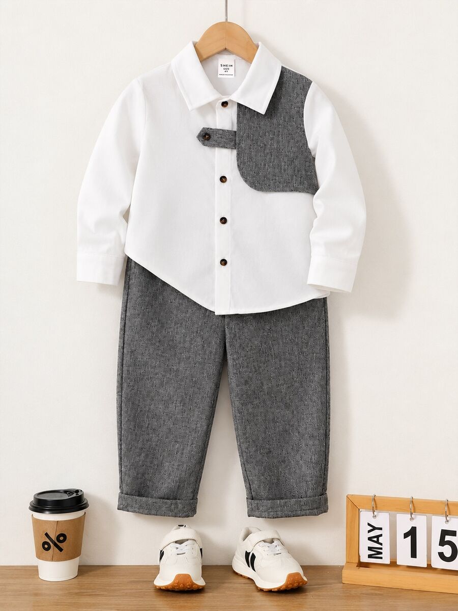 SHEIN Young Boy Contrast Color Lapel Long Sleeve Button-Down Shirt And Elastic Waist Long Pants 2 Pieces Set - White - View 1