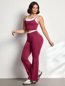 Eassivo Women's Colorblock Top And Leggings Casual Daily Sports Set - Burgundy - View 1