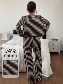 Napfluff Women's Cotton Striped Sexy Pajama Set, Camisole Casual Loungewear 3 Pieces Set - Chocolate Brown - View 6