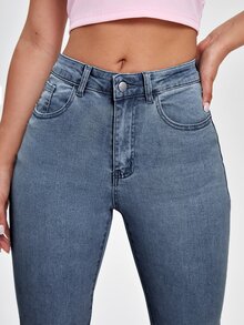 SHEIN EZwear 女款休閒百搭喇叭褲牛仔褲，附口袋 - 藍色 - 查看 3