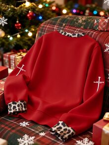 GlowEve CURVE Plus Size Women's Casual Crew Neck Christmas Pattern Embroidered Beadwork Long Sleeve Sweatshirt, Holiday Bow Pattern, Long Sleeve Pullover - Blue - View 2