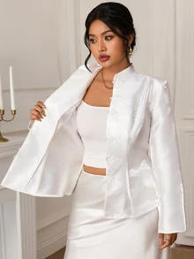 EastFlair Plus Size Women's Elegant Blazer Jacket With Frog Button Placket And Long Sleeves - White - View 9