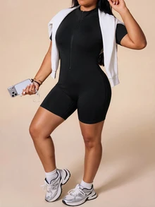 Rhythm Era Plus Size Sports Jumpsuit With Half-Zip Stand Collar, Slim Fit Body-Shaping Ribbed Texture Tight Short Sleeve Jumpsuit - Black - View 6