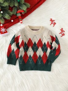 SHEIN 男女嬰兒/幼兒秋冬保暖內裡加厚可愛菱格紋聖誕毛衣，嬰兒聖誕毛衣 - 綠色 - 查看 5