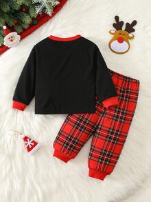 SHEIN 中性嬰兒男/女童、幼兒 2件組可愛聖誕 T-shirt 套裝，嬰兒聖誕服裝套裝 - 黑色 - 查看 2