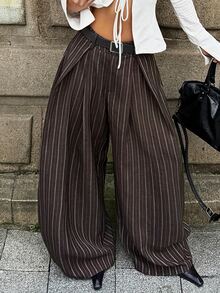 Coolane 女款秋冬波西米亞風商務休閒度假街頭辦公室穿搭外出復古棕色條紋寬鬆寬腿長褲 - 棕色 - 查看 3