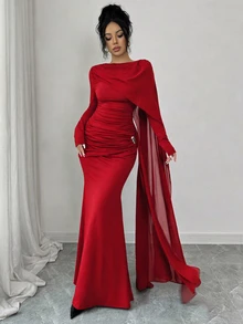 Elenzga 不對稱披肩領收腰抓皺金屬裝飾 A 字裙擺優雅浪漫知性女款天鵝絨洋裝，秋冬款 - 紅色 - 查看 5