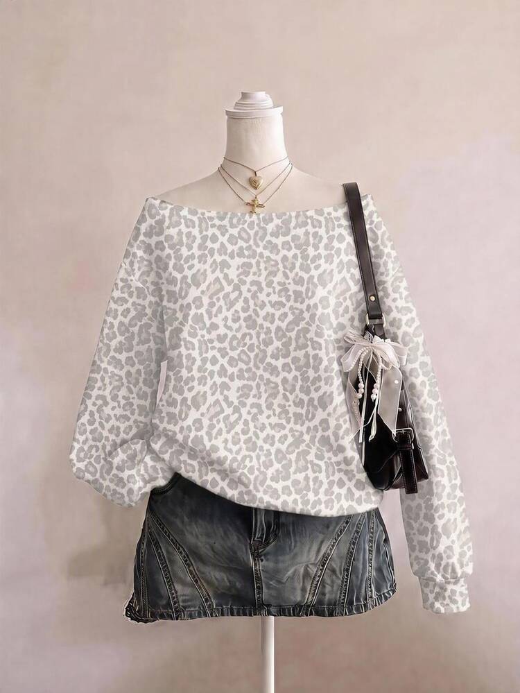 SHEIN EZwear Classic Vintage Washed White & Grey Leopard Print Asymmetrical Shoulder Women's Sweatshirt, Autumn Casual Streetwear Style, Suitable For Various Occasions, Y2K Retro Style, Back To School Season Autumn/Winter Top - Multicolor - View 1