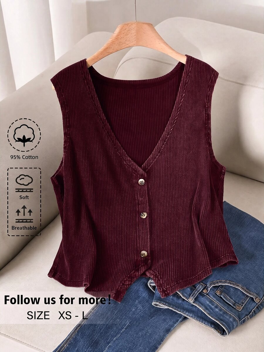 Story & Sage Casual Vacation Women's Fitted Vest Tank Top, Spring/Summer, Snowflake Pattern, Button Front, Black - Burgundy - View 1