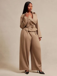 SHEIN SXY Plus Size Women's Solid Color Long Sleeve Jacket And Wide Leg Pants Casual Suit 2 Pieces Set - Khaki - View 4