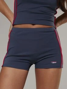 Musera Sport شورتات ميني رياضية ضيقة بخصر منخفض مع خطوط جانبية متباينة، طقم متناسق للأنشطة الخارجية والتمارين الرياضية والجيم، Terra Peak - الأسود - مشاهدة 1