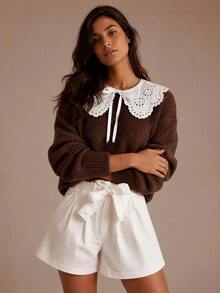 SHEIN Women's Peter Pan Collar Casual Versatile Long Sleeve Sweater - Brown - View 6