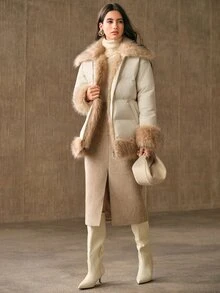 Anewsta Women's Long Sleeve Zipper Front Patchwork Fur Collar Thickened Winter Jacket - Beige - View 4