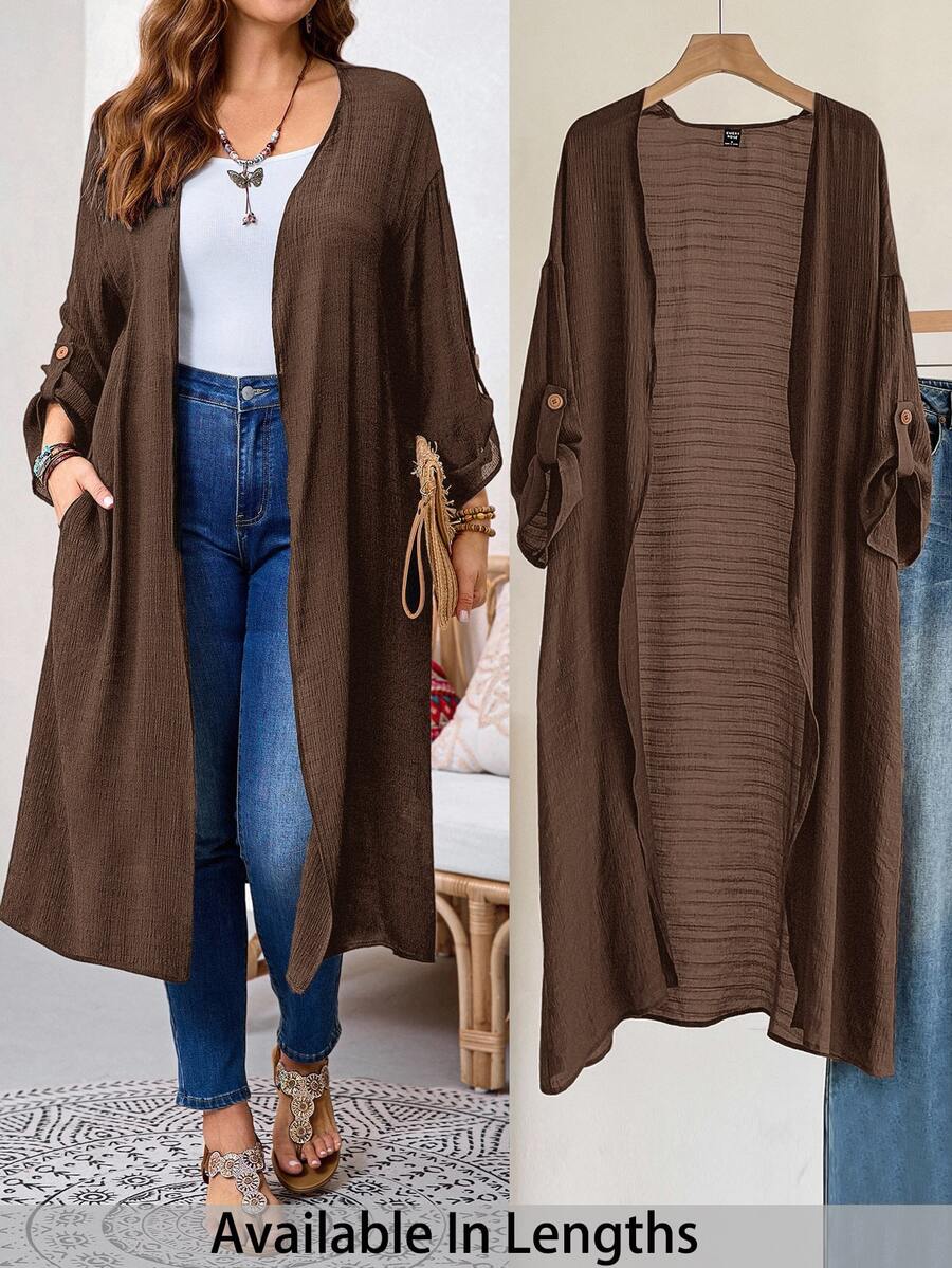 SHEIN Tall CURVE 大尺碼女款秋冬辦公室度假正式晚餐外穿長款開襟大衣,棕色秋季商務休閒寬鬆優雅 - 咖啡棕 - 查看 1