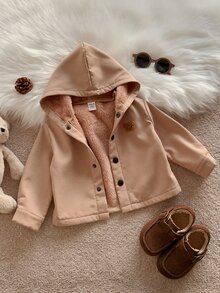SHEIN 中性嬰兒男/女童、幼兒秋冬保暖內裡加厚休閒可愛連帽夾克外套，嬰兒冬季外套，填充外套，絎縫外套，抓絨 - 卡其色 - 查看 5