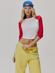 MUSERA Red And White Contrast 3/4 Sleeve Top Fall Autumn Winter Coolgirl Style Casual - Red and White - View 2