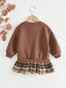 SHEIN 女嬰可愛休閒卡通熊與花卉拼接長袖秋季洋裝 - 彩色 - 查看 2