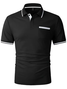 Calvornis 男士對比飾邊鈕扣 Polo 衫，休閒夏季短袖上衣，高爾夫球衫，正式場合、儀式適用 - 黑色 - 查看 5