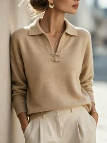 Velvienne Plus Size Vintage Frog Button Long Sleeve Pullover Sweater - Apricot - View 6