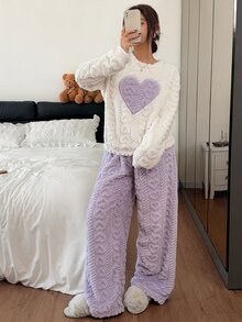 Napfluff Embroidered Heart Jacquard Long Plush Casual Women's Pajama Set - Purple - View 2