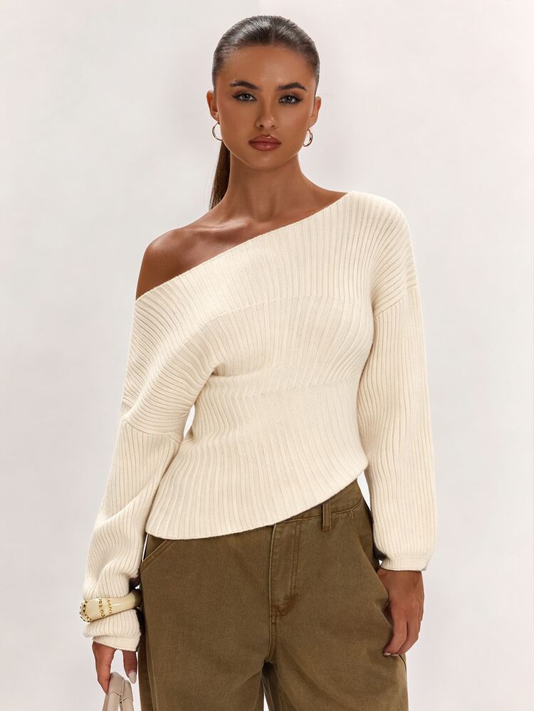 SHEIN BAE Sweater Rajut Kasual Model Pas Badan dengan Detail Kerut Warna Polos untuk Wanita, Cocok untuk Acara Malam Hari, Warna Cokelat Tua, Model Baru untuk Musim Gugur/Dingin. - Aprikot - View 4