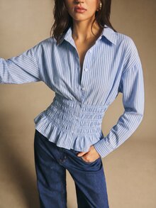 Poéselle 女款秋冬新款棉混紡藍白條紋抓皺腰上衣，休閒街頭、通勤辦公、校園風上衣 - 藍色 - 查看 7