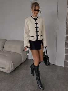 SHEIN BAE 女款時尚青蛙鈕扣長袖拼色夾克 日常穿著 黑白配色 秋季優雅 - 卡其色 - 查看 5