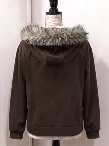 SHEIN 青少年女孩街頭風翅膀印花拉鍊連帽衛衣，秋季休閒毛絨飾邊連帽衛衣，假日款 - 棕色 - 查看 2