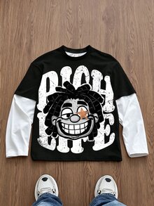 SHEIN 青少年男孩字母卡通圖案 2 合 1 拼接休閒日常長袖 T 恤 - 黑色 - 查看 6