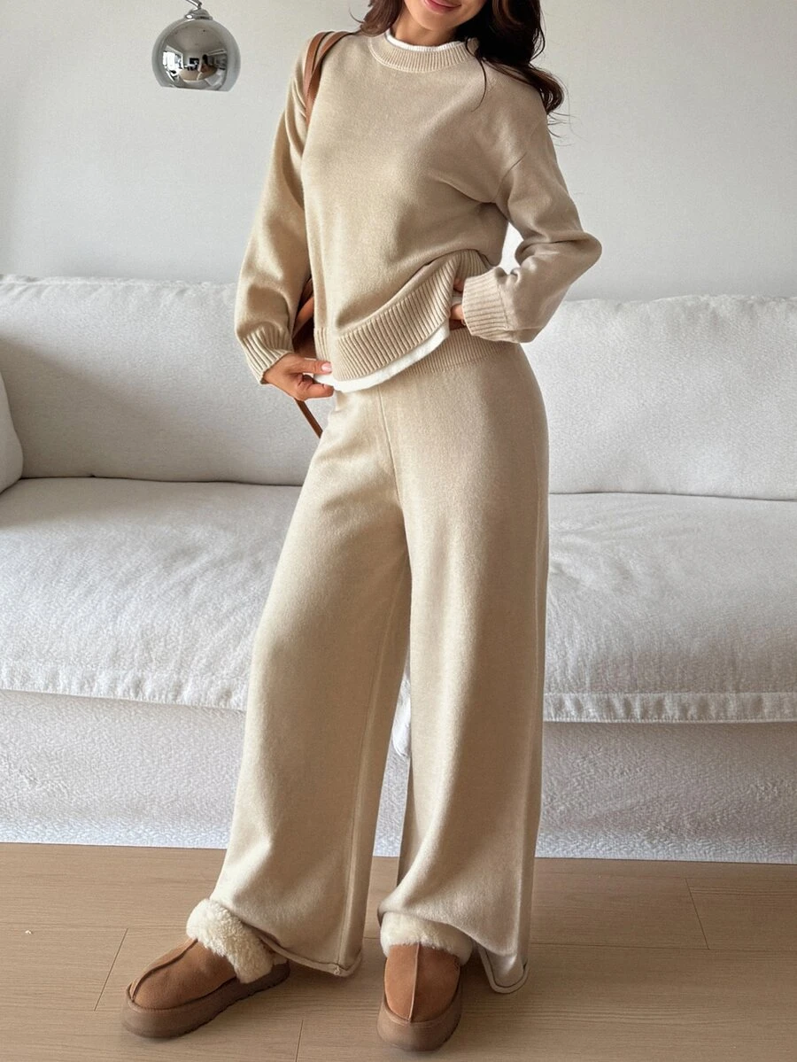 Livesso Women's Solid Color Long Sleeve Top And Pants Knit Two Pieces Set - Beige - View 1