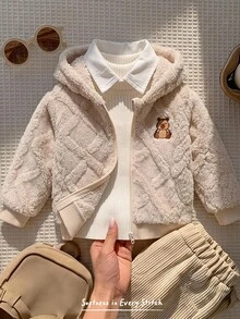Cozy Pixies 男嬰兒童針織純色人造毛卡通刺繡圖案連帽長袖冬季外套 - 杏色 - 查看 2