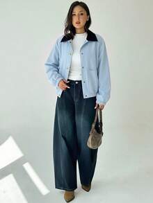 Aloruh Women's Solid Color Long Sleeve Single-Breasted Casual Jacket - Baby Blue - View 3