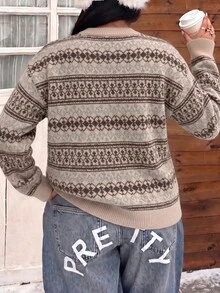SHEIN EZwear Plus Size Women's Striped Crew Neck Long Sleeve Casual Versatile Sweater - Multicolor - View 2