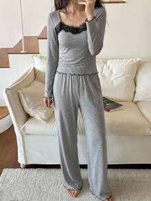 DAZY 2pcs/Set Women's Lace Patchwork Slim Fit Long Sleeve T-Shirt & Straight Leg Long Pajama Pants Sleepwear Set - Grey - View 3